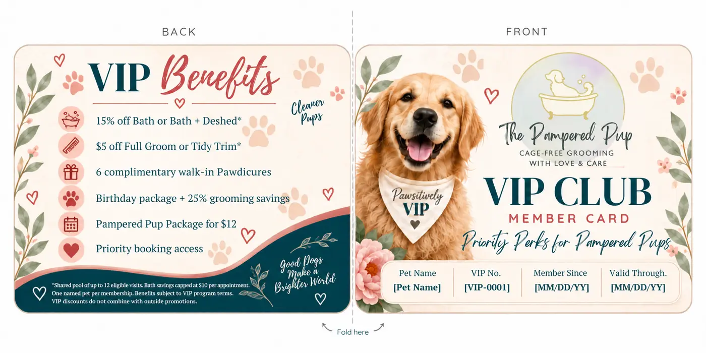 Example front and back of The Pampered Pup VIP Club physical member card